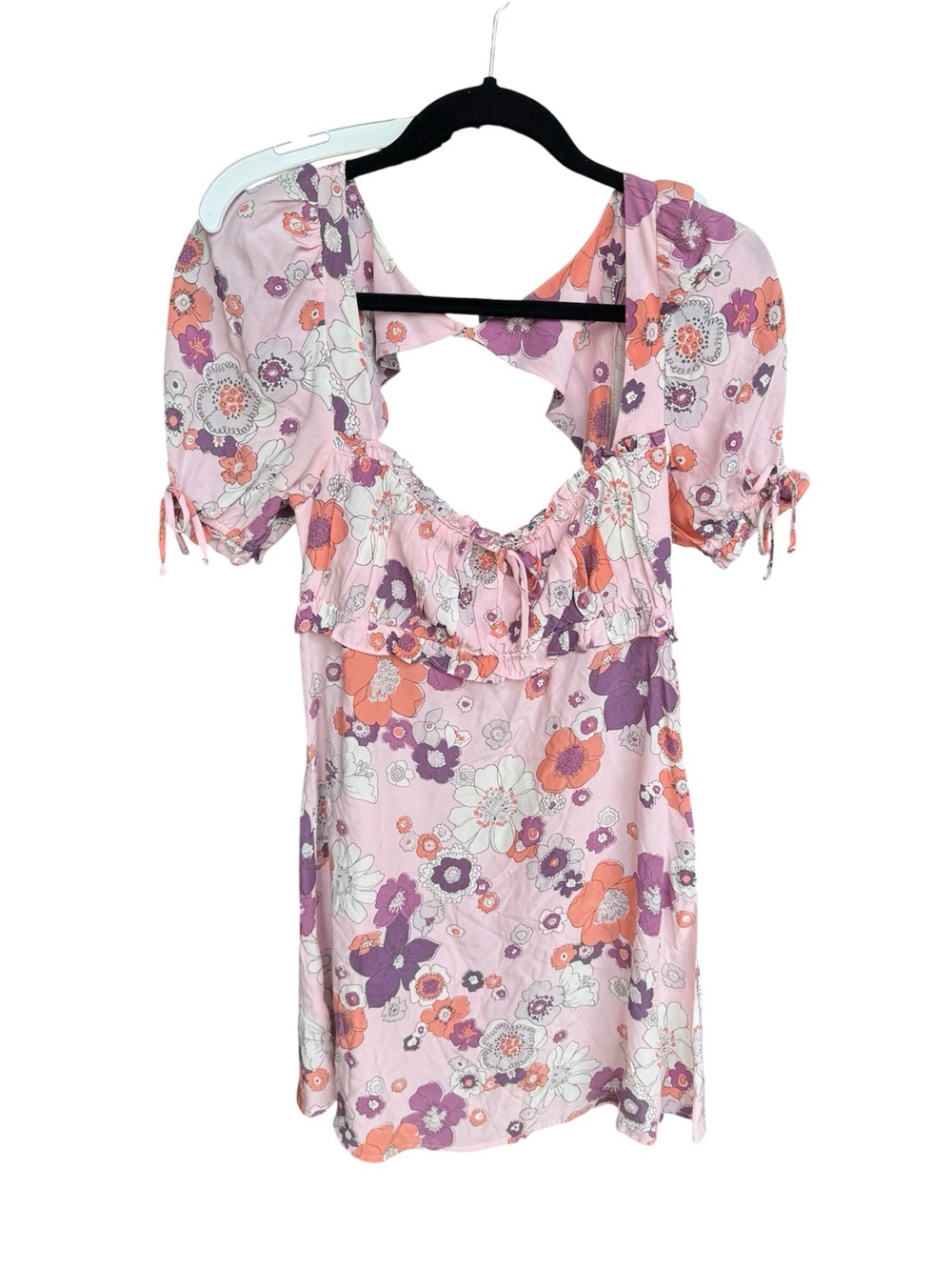 For Love And Lemons Pink Floral Ruffle Mini Dress with Purple & Coral Accents S.